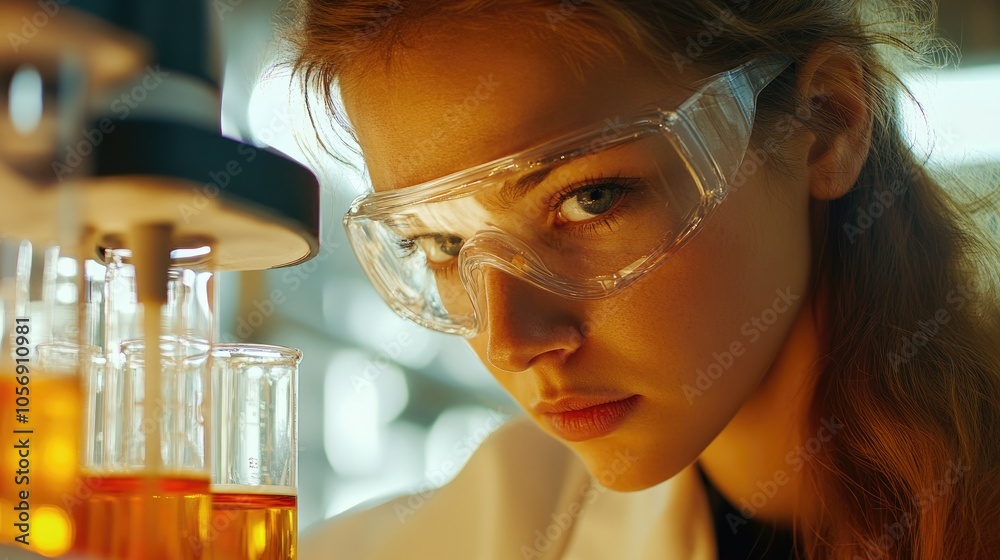 Female scientist performing experiments in a lab wearing safety goggles and gloves focused on analyzing liquid samples in glass beakers Female scientist performing experiments in a lab wearing safety goggles and gloves focused on analyzing liquid samples in glass beakers