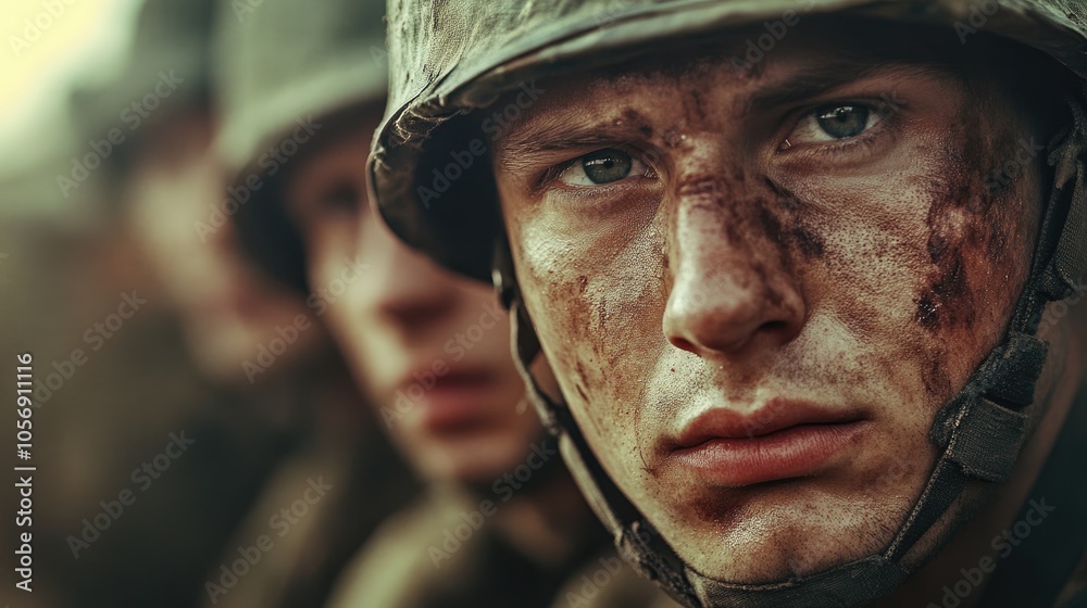 World War II Soldiers in a Close Up Portrait Faded Color Film Cinematic Style World War II Soldiers in a Close Up Portrait Faded Color Film Cinematic Style