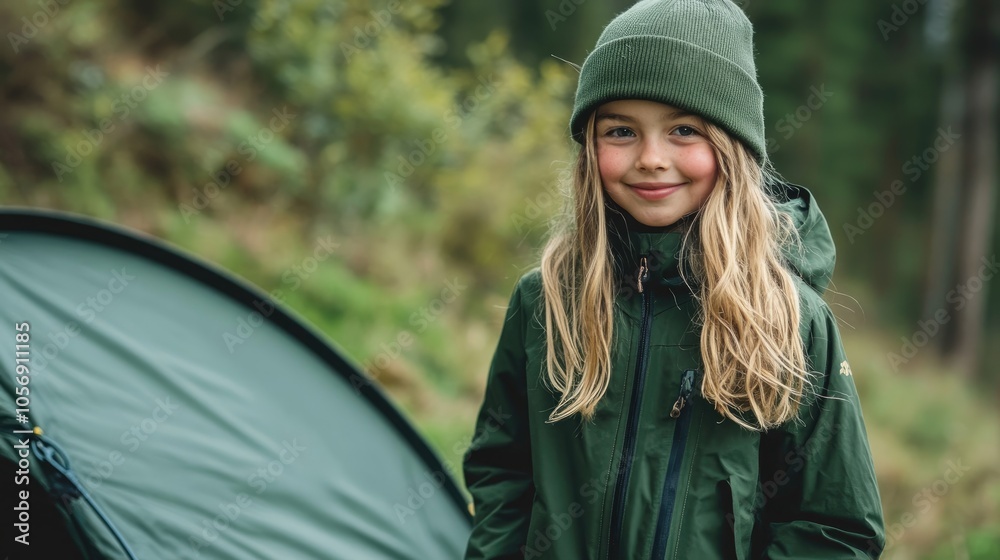 Young girl wearing a green jacket and hat standing next to a tent Young girl wearing a green jacket and hat standing next to a tent