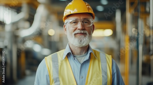 Portrait of a senior factory engineer in safety uniform standing confidently in a factory setting displaying cheerful and positive emotions related to engineering