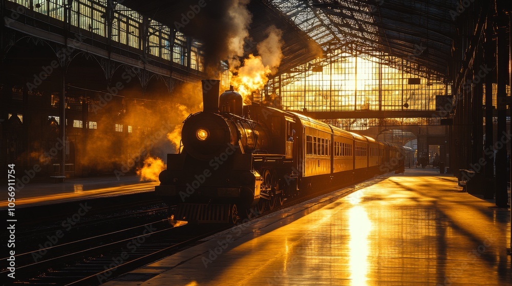 Steam Locomotive Departing a Train Station at Sunset Steam Locomotive Departing a Train Station at Sunset
