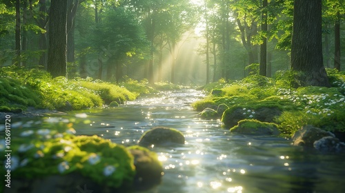 Fototapeta Naklejka Na Ścianę i Meble -  Serene Sunlit Forest with a Calm Stream
