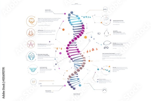 Colorful DNA infographic depicting genetic science with detailed visual elements and data analysis, perfect for educational and scientific use.