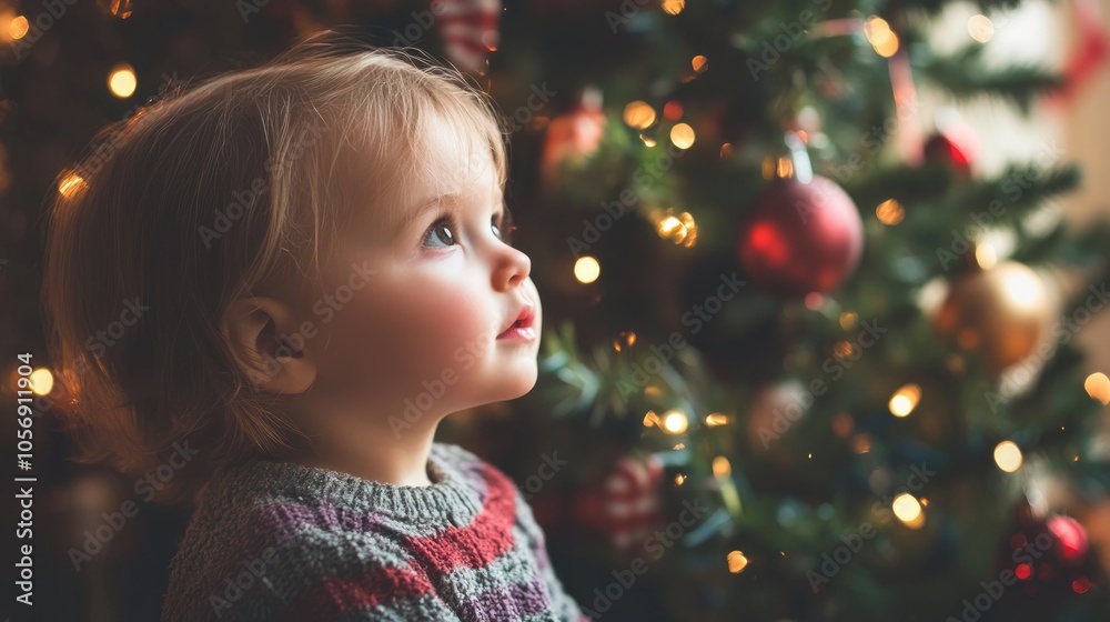 Toddler enjoying the festive atmosphere near a decorated Christmas tree during the holiday season Toddler enjoying the festive atmosphere near a decorated Christmas tree during the holiday season