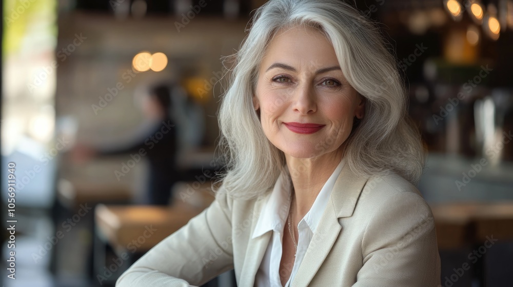 Confident and stylish mature woman in a cafe Portrait of a gray haired business leader in her 50s smiling at the camera Depicts an active and successful executive Confident and stylish mature woman in a cafe Portrait of a gray haired business leader in her 50s smiling at the camera Depicts an active and successful executive