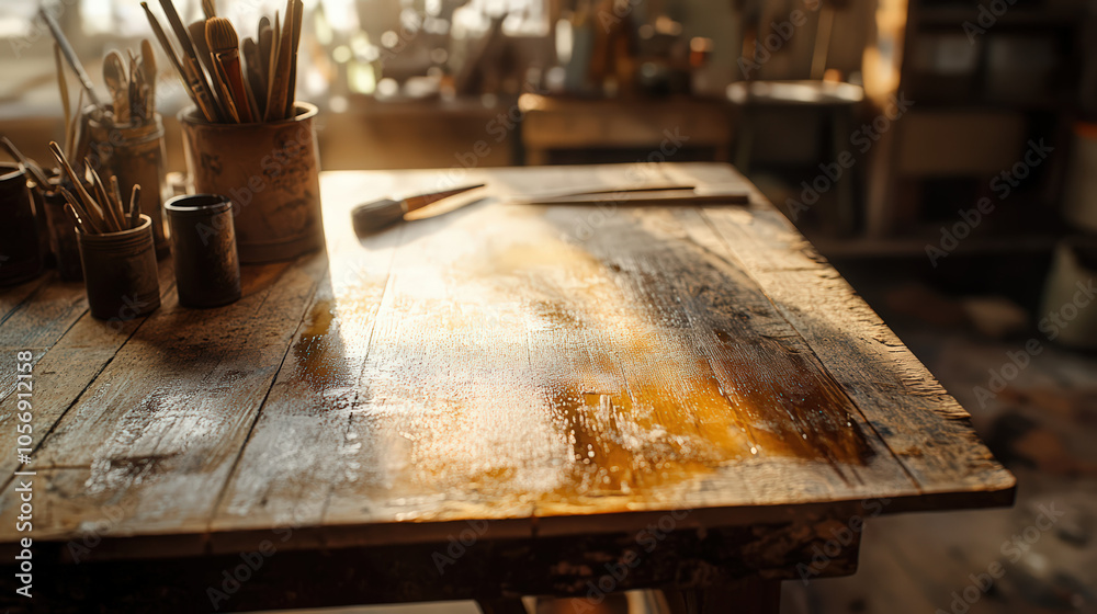 A sunlit workshop table loaded with tools and brushes, showcasing a rustic, creative atmosphere. A sunlit workshop table loaded with tools and brushes, showcasing a rustic, creative atmosphere.