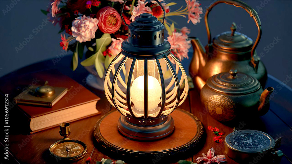 A collection of lanterns with a blue and white star on the top. A collection of lanterns with a blue and white star on the top.