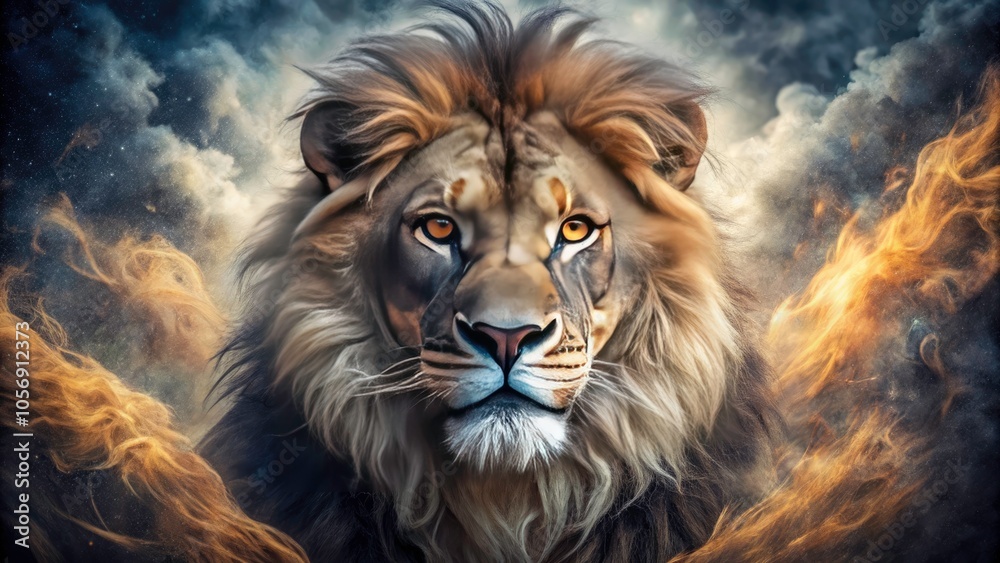 Close-Up Portrait of an Aggressive Lion with Abstract Smoke Background in Fashion Photography Style - Fierce Animal Imagery for Wildlife and Nature Enthusiasts Close-Up Portrait of an Aggressive Lion with Abstract Smoke Background in Fashion Photography Style - Fierce Animal Imagery for Wildlife and Nature Enthusiasts