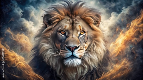 Close-Up Portrait of an Aggressive Lion with Abstract Smoke Background in Fashion Photography Style - Fierce Animal Imagery for Wildlife and Nature Enthusiasts