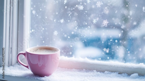 Warm beverage in a pink cup resting on a snowy windowsill while snowflakes gently fall enhancing the cozy winter ambiance