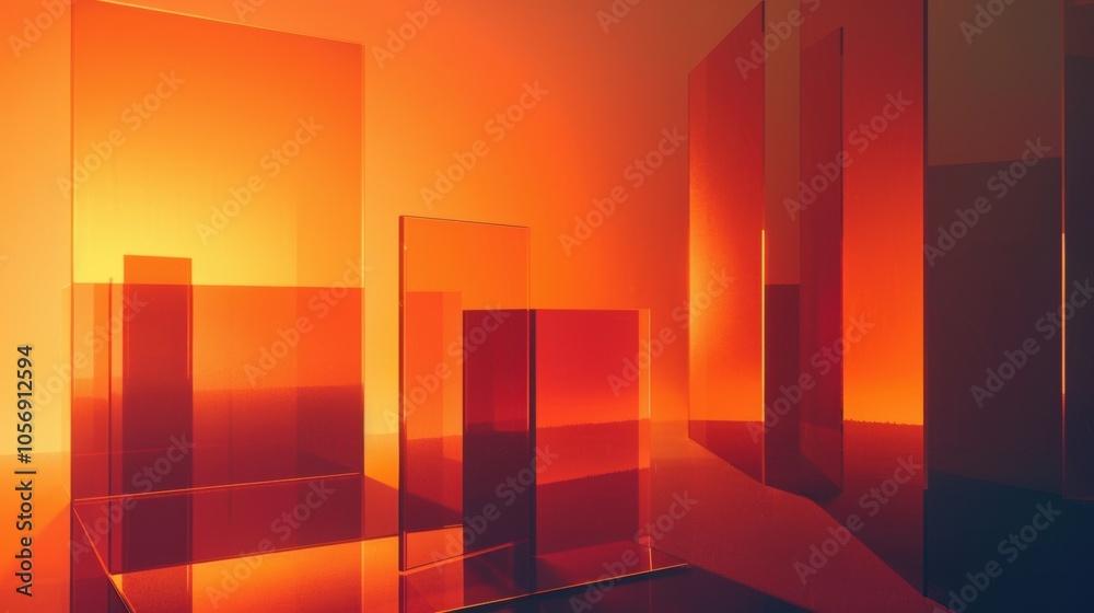 Minimalist Glass Panels with Dark Orange Gradient, featuring various square shapes, light emanating from edges, sleek black panel in front Minimalist Glass Panels with Dark Orange Gradient, featuring various square shapes, light emanating from edges, sleek black panel in front