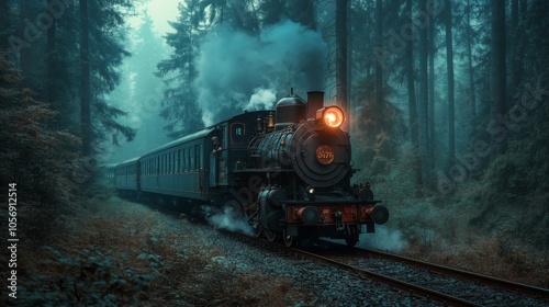Steam Locomotive Emerging From a Foggy Forest