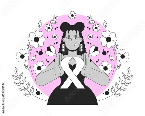 Latin american feminist movement of pink ribbon black and white 2D illustration concept. Breast cancer solidarity. Hispanic woman femininity outline character isolated. Metaphor monochrome vector art