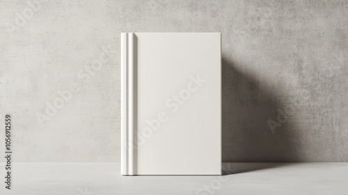 Hardcover book mockup featuring a white cover set against a grey backdrop photo