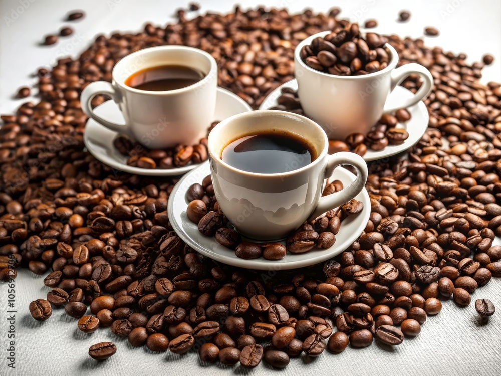 Coffee Cups and Beans on White Background - Perfectly Arranged for Coffee Lovers and Aesthetic Photography Coffee Cups and Beans on White Background - Perfectly Arranged for Coffee Lovers and Aesthetic Photography