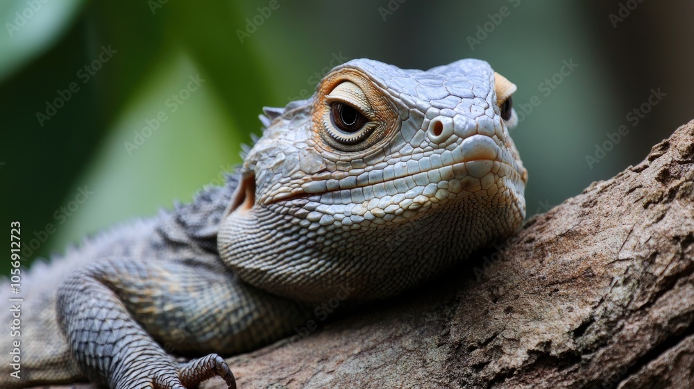 Obraz premium Close up View of a Lizard Resting on a Tree Limb
