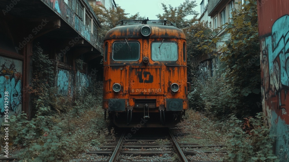 An Abandoned Orange Train Car Resting on Tracks Amidst Overgrown Foliage An Abandoned Orange Train Car Resting on Tracks Amidst Overgrown Foliage