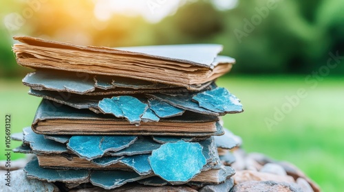 Stack of Old Vintage Books with Peeling Covers on Stones photo