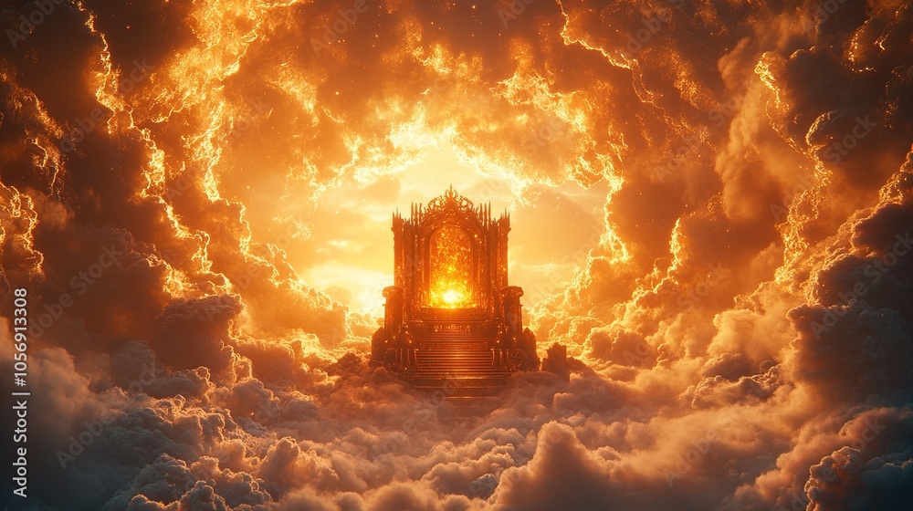 Majestic glowing throne in the midst of heavenly clouds divine kingdom of god Majestic glowing throne in the midst of heavenly clouds divine kingdom of god