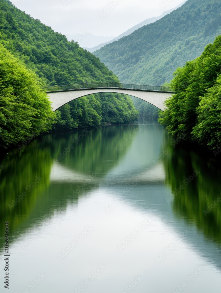 Fototapeta premium Scenic riverside with a charming bridge, surrounded by lush greenery and tranquil waters.