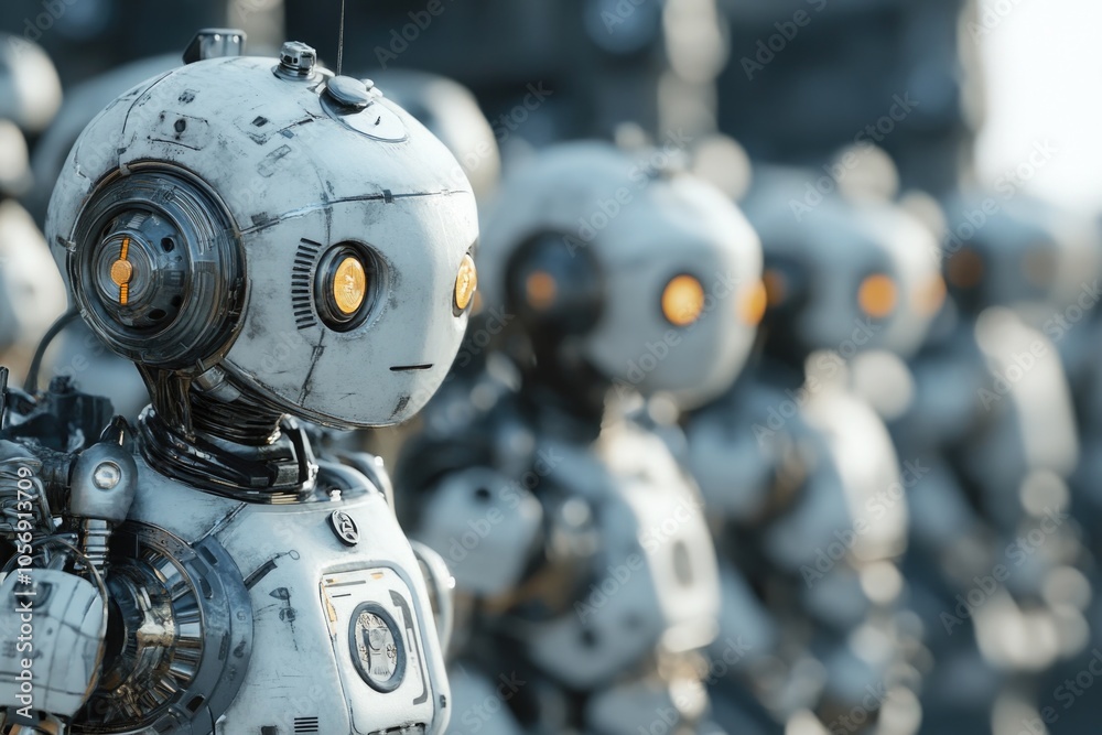 A group of robots standing in unison, perfect for futuristic or technological concepts A group of robots standing in unison, perfect for futuristic or technological concepts