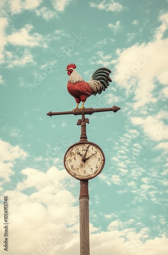 A rooster is perched on a weather vane that is attached to a clock