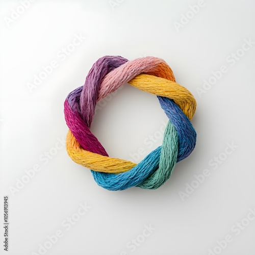 Colorful braided rope art piece on a white background