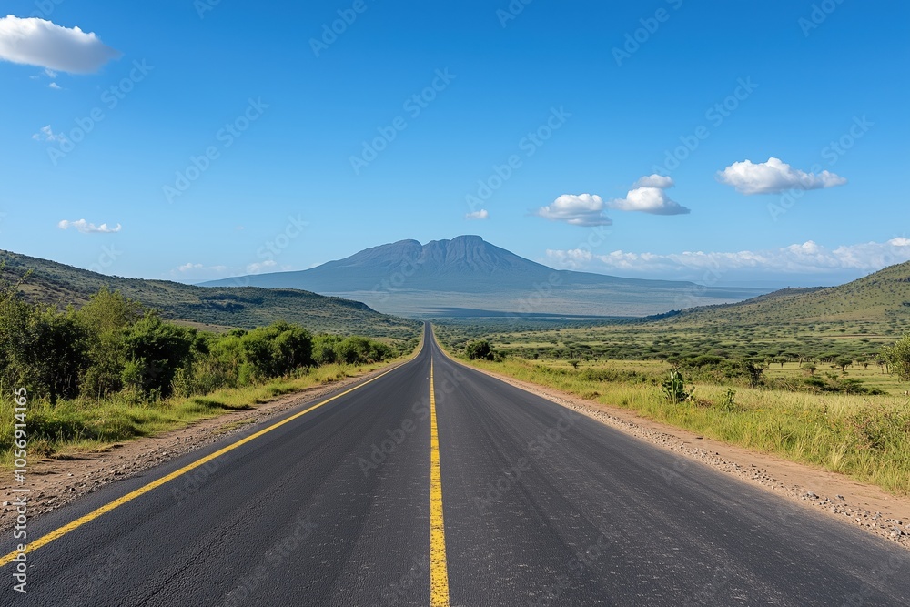 A long road with a mountain in the background A long road with a mountain in the background