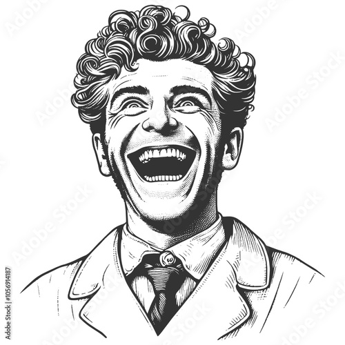 crazed scientist laughing maniacally with syringes in their hair, essence of chaotic science and eccentricity sketch engraving generative ai vector illustration. Black and white image.