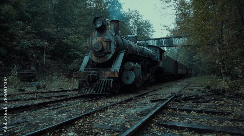 Naklejka premium Vintage Steam Locomotive Parked on Abandoned Railroad Tracks in a Forest