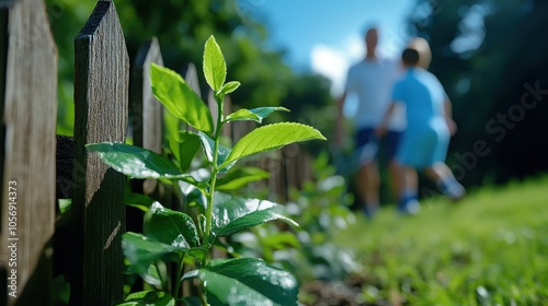 Green Leaves and Blurred Family Playing Tennis in Backyard