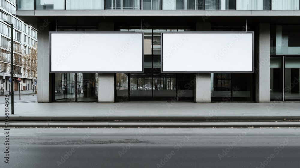 Two large blank billboards on the exterior of a modern building, facing an empty street. The building features glass doors and concrete pillars with a minimalist urban architecture. Two large blank billboards on the exterior of a modern building, facing an empty street. The building features glass doors and concrete pillars with a minimalist urban architecture.
