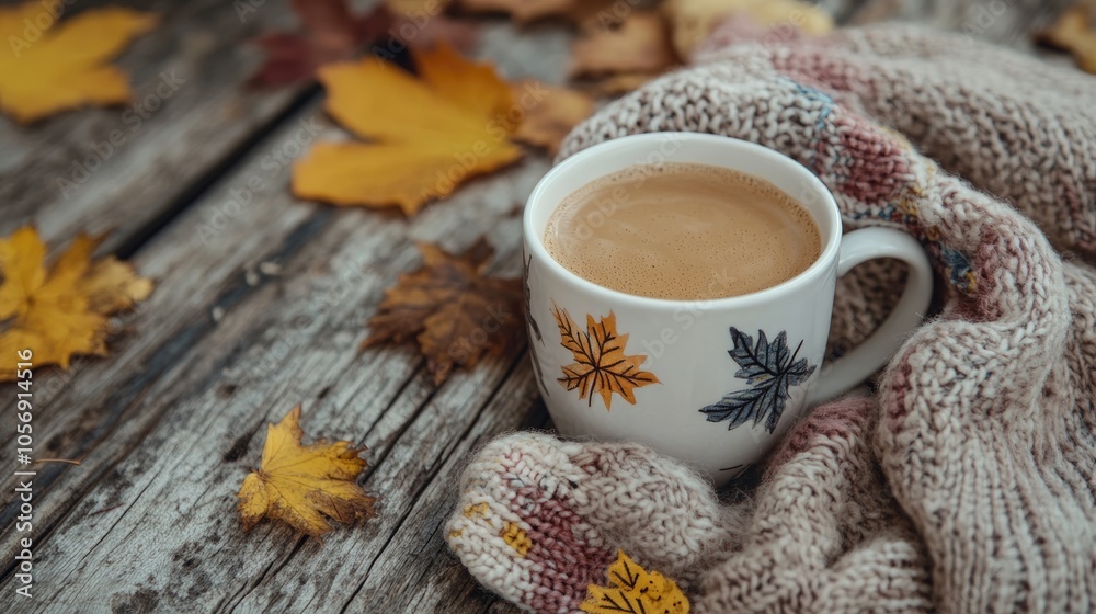 Coffee mug featuring autumn maple leaves alongside a woolen scarf on a rustic wooden table