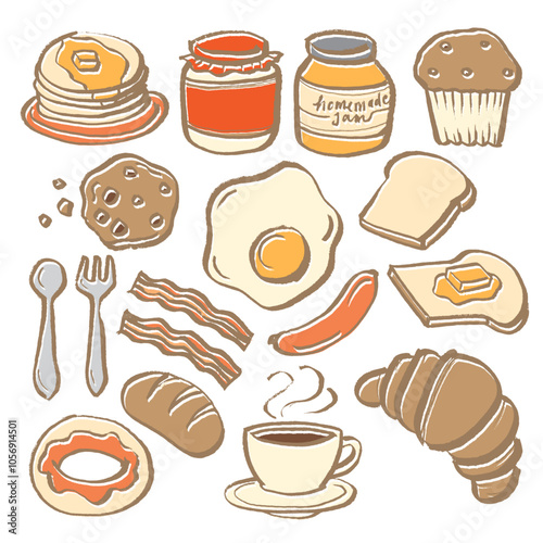 Set of hand-drawn breakfast elements with food and drink items isolated on transparent background