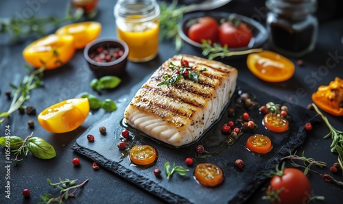 Grilled salmon garnished with fresh herbs and cherry tomatoes on a black slate board in a vibrant kitchen setting