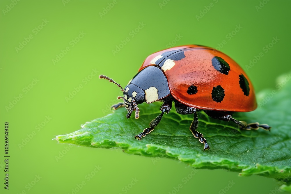 A ladybug is sitting on a green leaf A ladybug is sitting on a green leaf
