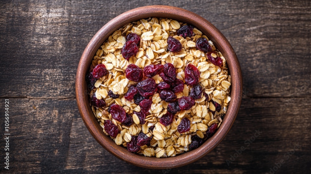 Oatmeal with dried cranberries served in a round clay bowl on a dark wooden surface A nutritious vegetarian granola breakfast featuring cranberries Overhead perspective Oatmeal with dried cranberries served in a round clay bowl on a dark wooden surface A nutritious vegetarian granola breakfast featuring cranberries Overhead perspective