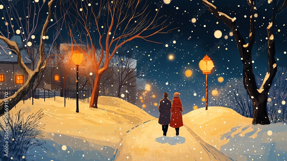 Obraz premium picture book illustration of a christmas winter evening lovely couple with street lamps and a colorful sky