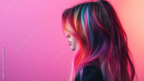 Girl with vibrant long hair against a soft pink background in a bright studio setting