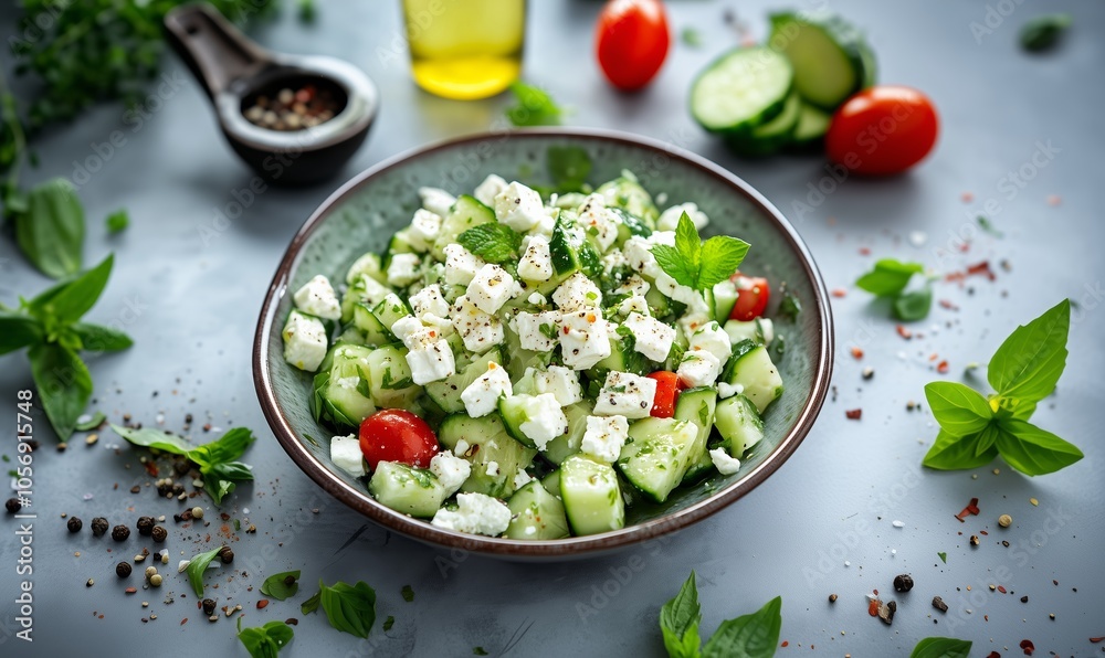 Fresh cucumber salad with cherry tomatoes and feta cheese on a rustic table with herbs and olive oil Fresh cucumber salad with cherry tomatoes and feta cheese on a rustic table with herbs and olive oil