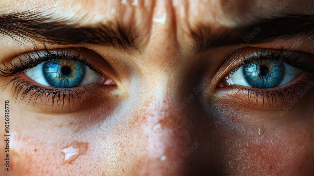 Close up of tear filled eyes and a moist face highlighting a moment of deep emotion Eyebrows are knitted with tears clear on the lashes and skin Close up of tear filled eyes and a moist face highlighting a moment of deep emotion Eyebrows are knitted with tears clear on the lashes and skin