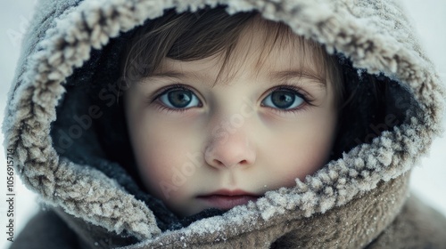 Chilly child dressed in a hooded coat photo