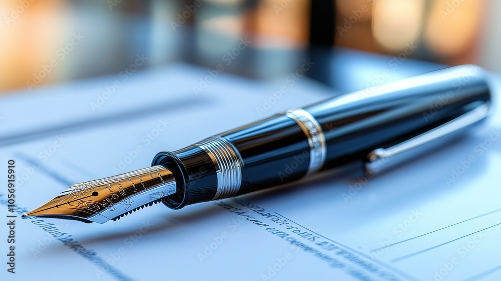 Metallic fountain pen resting on an open document with a blurred background Metallic fountain pen resting on an open document with a blurred background