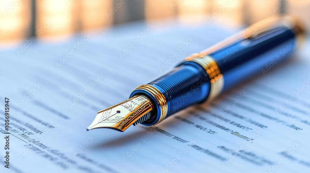 Metallic fountain pen resting on an open document with a blurred background Metallic fountain pen resting on an open document with a blurred background