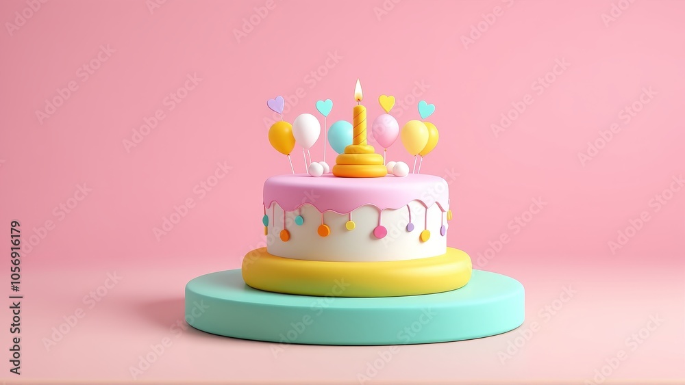 Colorful birthday cake with heart balloons and candle on pastel background Colorful birthday cake with heart balloons and candle on pastel background