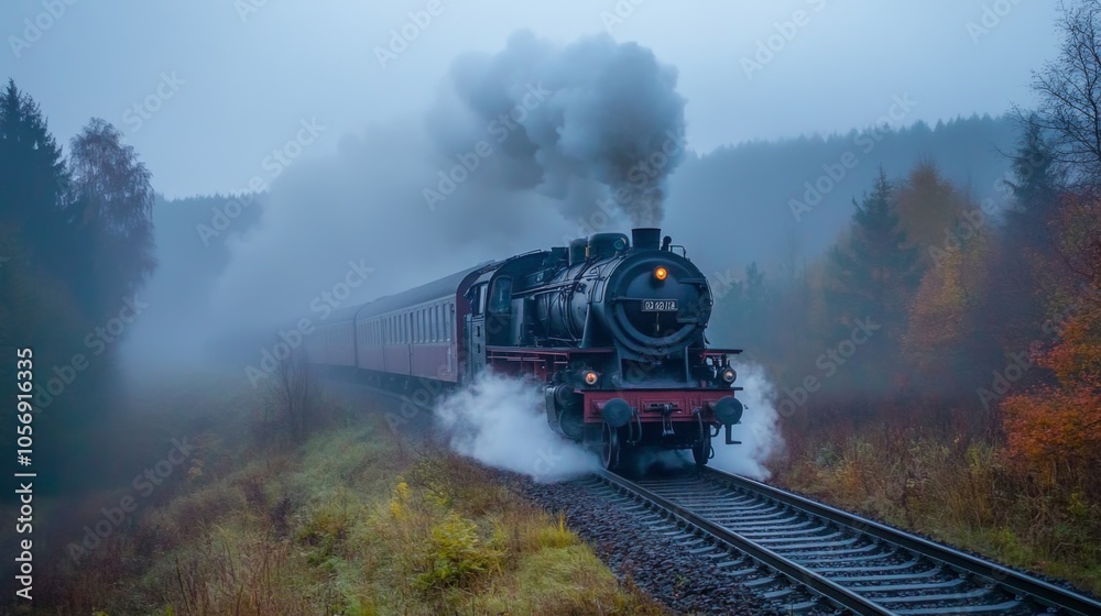 Obraz premium Steam Locomotive Train Traveling Through Foggy Forest