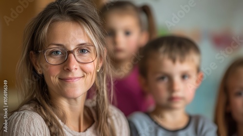 Portrait of a teacher with children featuring selective focus and ample copy space