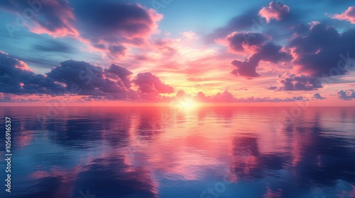 Serene sunset over calm ocean waters with vibrant colors.