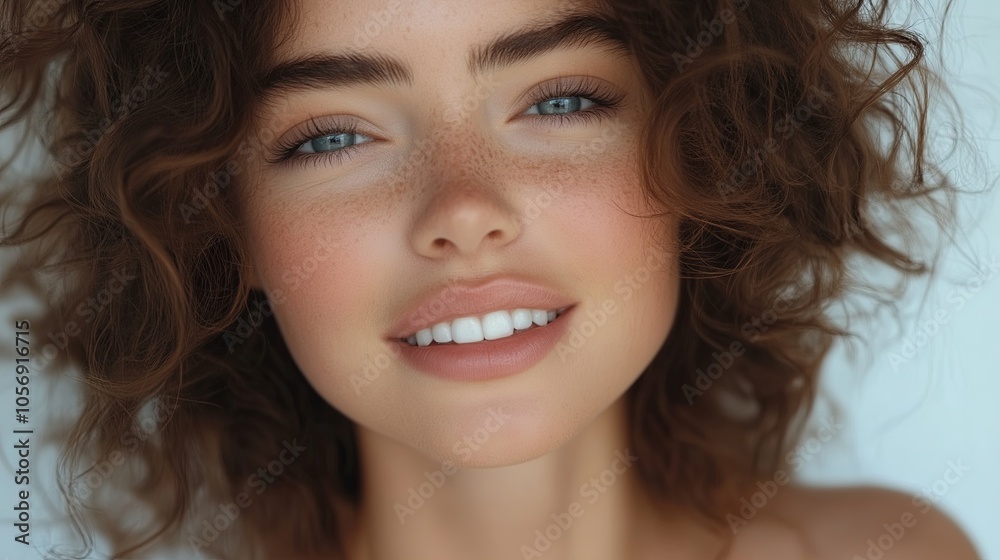 A woman with brown hair and blue eyes is smiling. She has a light makeup on her face A woman with brown hair and blue eyes is smiling. She has a light makeup on her face