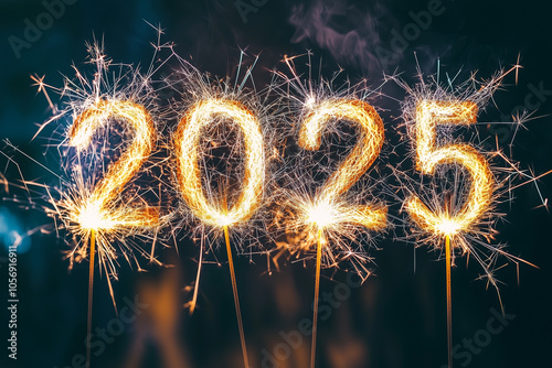 Golden firework illumination on dark blue sky background for Happy New Year 2025